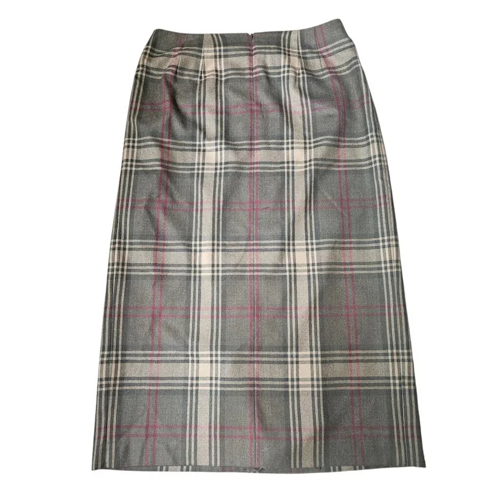 VTG Talbots Midi Skirt 100% Wool Women's SZ 14 Plaid Gray Preppy Academia Work - Picture 3 of 12
